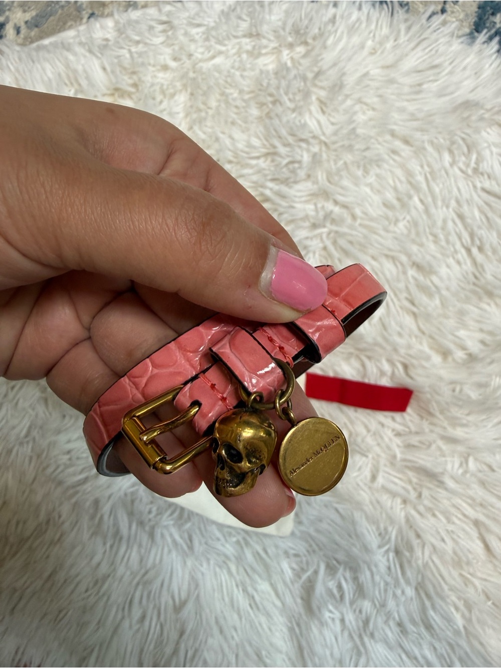 Alexander McQueen Pink Leather Wrap Bracelet with Gold Skull Charm